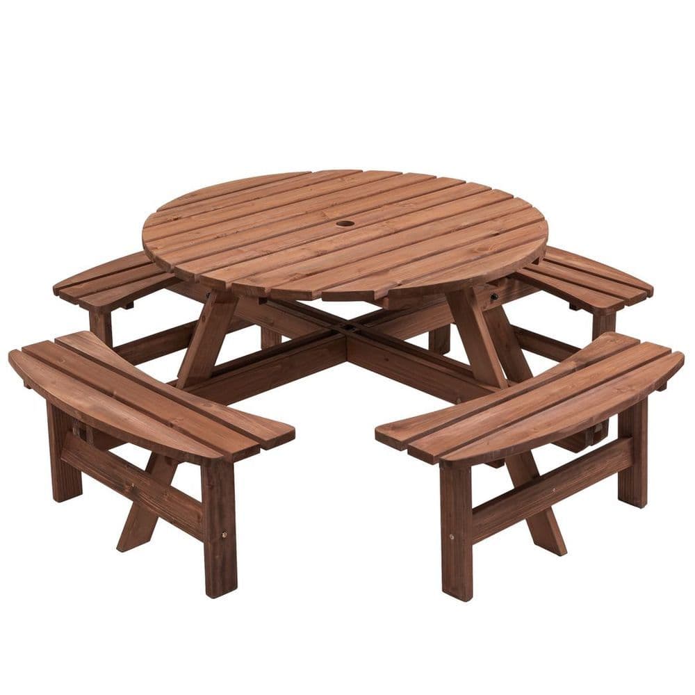 image-8-Person Outdoor Circular Wooden Picnic Table with 3 Built-in Benches for Patio Backyard Garden, Gray