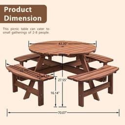 image-8-Person Outdoor Circular Wooden Picnic Table with 3 Built-in Benches for Patio Backyard Garden, Gray