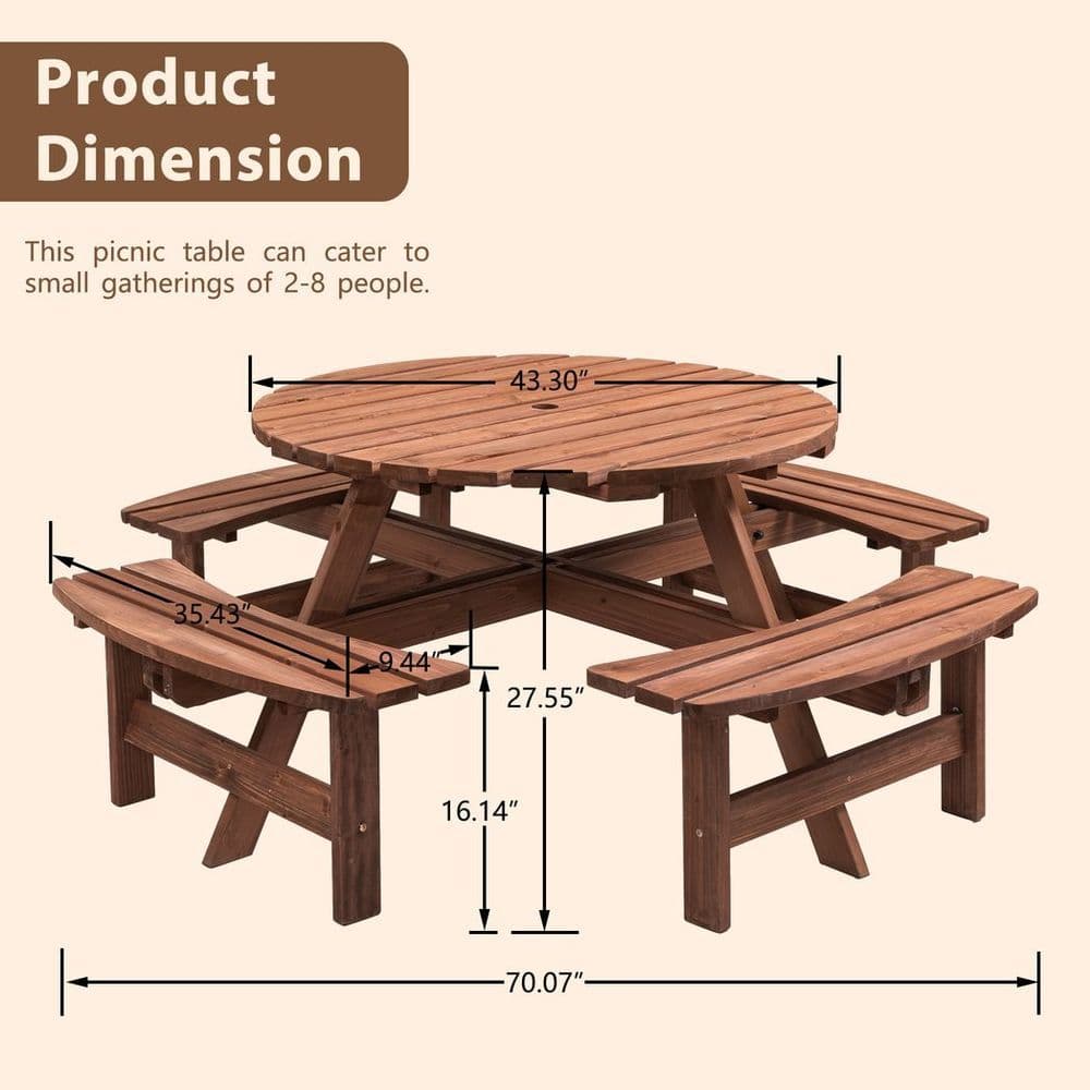 image-8-Person Outdoor Circular Wooden Picnic Table with 3 Built-in Benches for Patio Backyard Garden, Gray