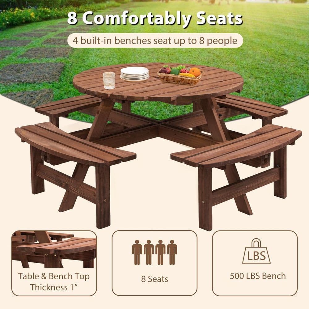 image-8-Person Outdoor Circular Wooden Picnic Table with 3 Built-in Benches for Patio Backyard Garden, Gray
