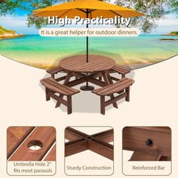 image-8-Person Outdoor Circular Wooden Picnic Table with 3 Built-in Benches for Patio Backyard Garden, Gray