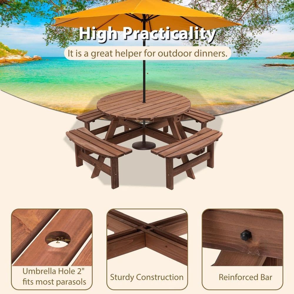 image-8-Person Outdoor Circular Wooden Picnic Table with 3 Built-in Benches for Patio Backyard Garden, Gray