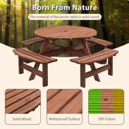 image-8-Person Outdoor Circular Wooden Picnic Table with 3 Built-in Benches for Patio Backyard Garden, Gray