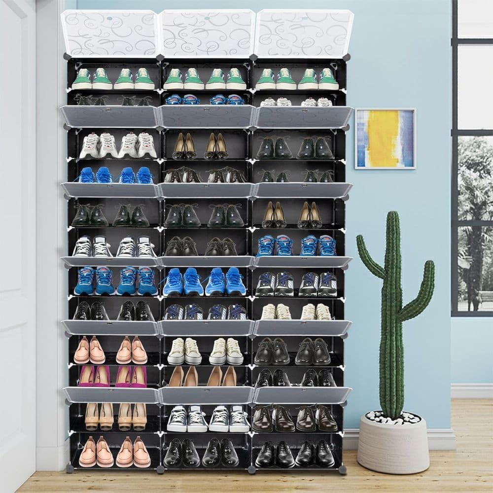 image-12-Tier Portable 72 Pair Shoe Rack Organizer 36 Grids Tower Shelf Storage Cabinet Stand Expandable for Heels, Boots, Slippers, Black