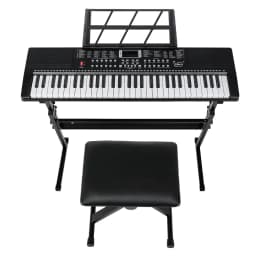 image-Glarry GEP-110 61 Key Keyboard with Piano Stand, Piano Bench, Built In Speakers, Headphone, Microphone, Music Rest, LED Screen, 3 Teaching Modes for Beginners