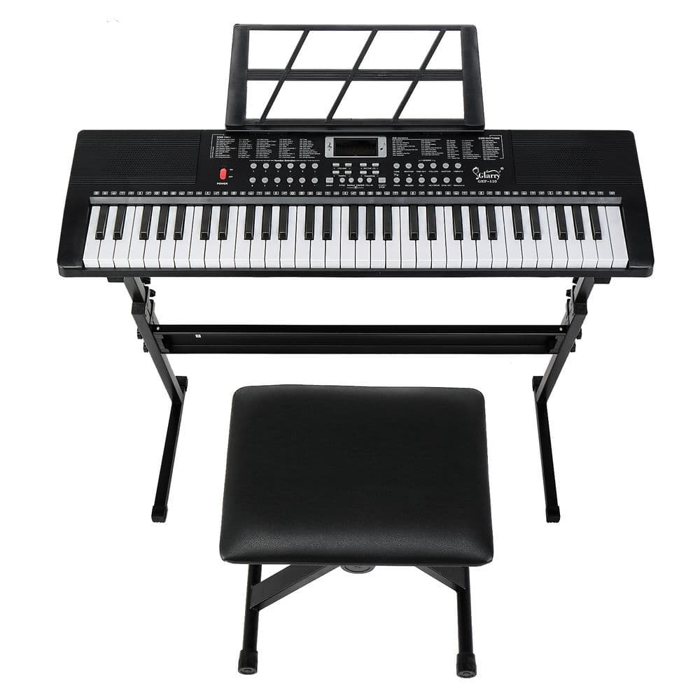 image-Glarry GEP-110 61 Key Keyboard with Piano Stand, Piano Bench, Built In Speakers, Headphone, Microphone, Music Rest, LED Screen, 3 Teaching Modes for Beginners