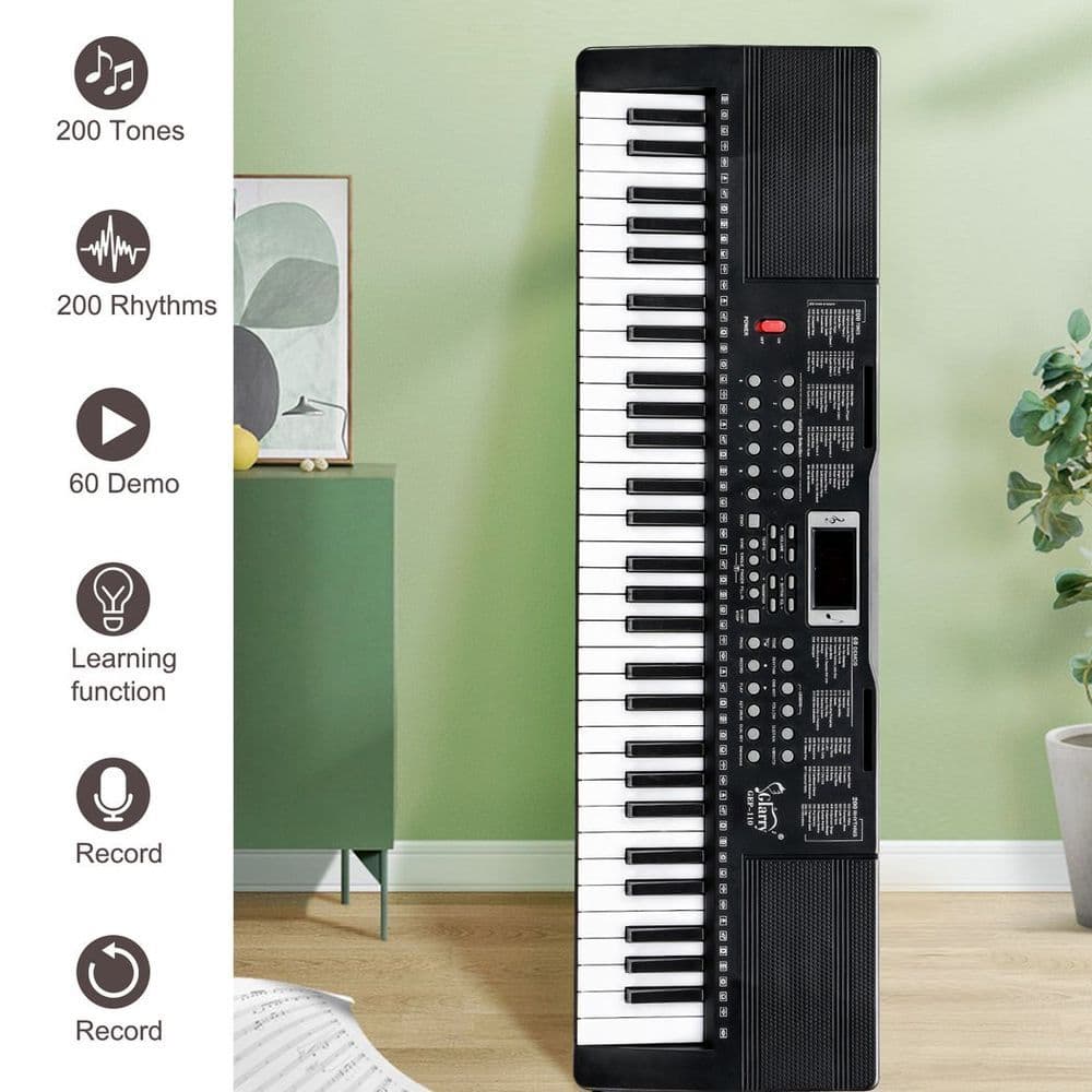 image-Glarry GEP-110 61 Key Keyboard with Piano Stand, Piano Bench, Built In Speakers, Headphone, Microphone, Music Rest, LED Screen, 3 Teaching Modes for Beginners