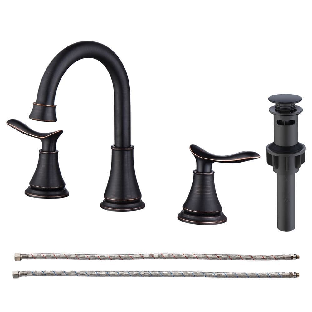 image-2-Handle 8 inch Widespread Bathroom Sink Faucet Oil Rubbed Bronze Lavatory Faucet 3 Hole 360° Swivel Spout Vanity Sink Basin Faucets with Pop Up Drain Assembly and cUPC Water Supply Hoses