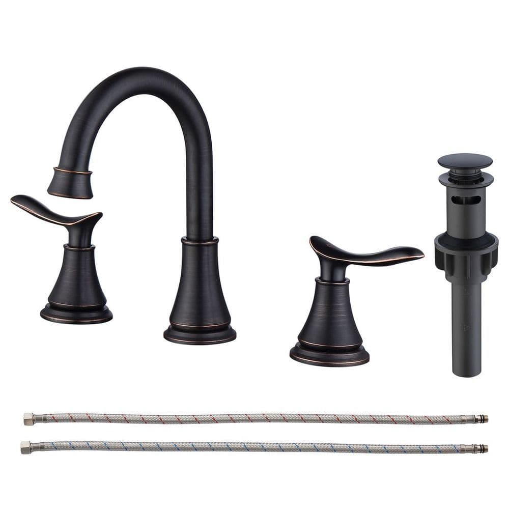 image-2-Handle 8 inch Widespread Bathroom Sink Faucet Oil Rubbed Bronze Lavatory Faucet 3 Hole 360° Swivel Spout Vanity Sink Basin Faucets with Pop Up Drain Assembly and cUPC Water Supply Hoses