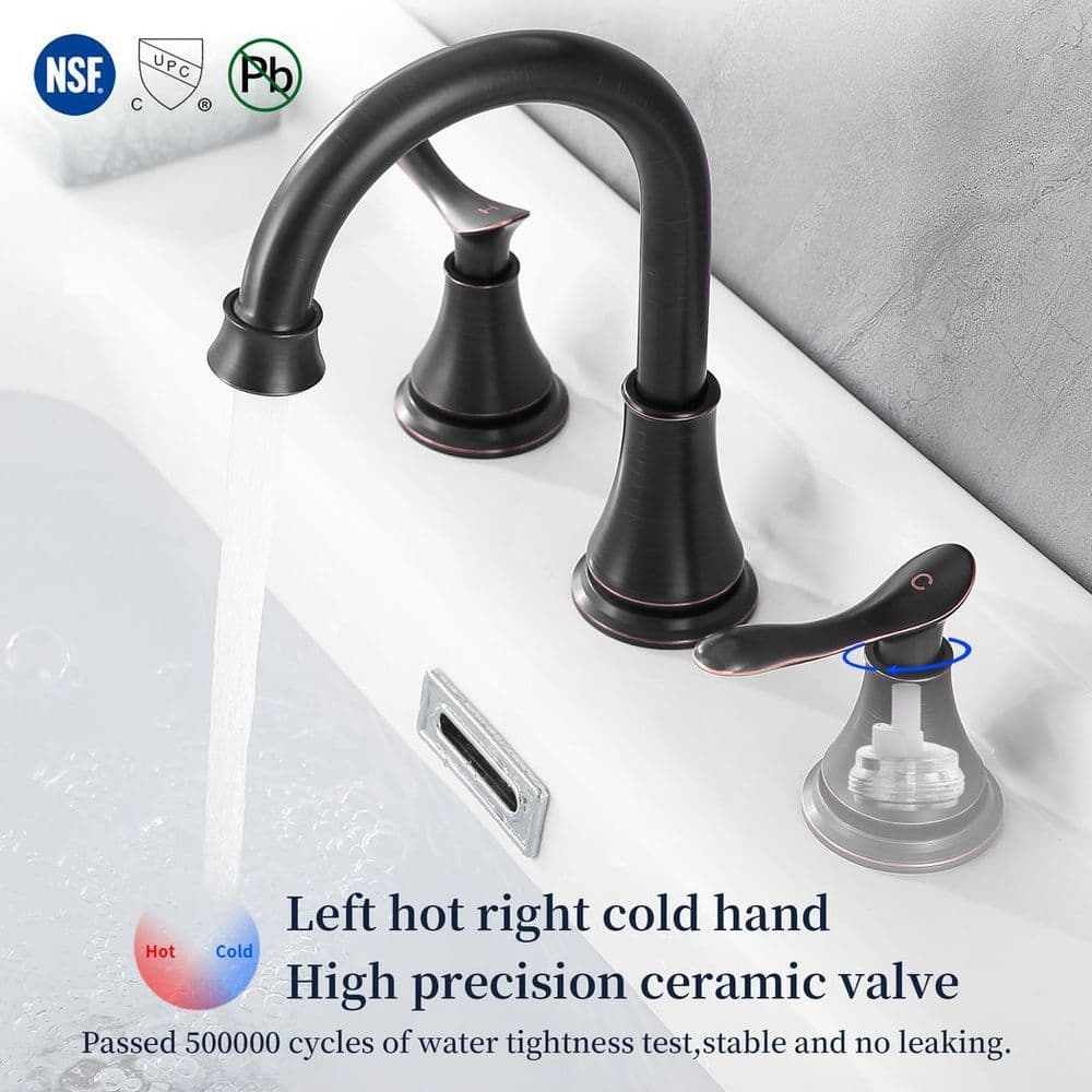 image-2-Handle 8 inch Widespread Bathroom Sink Faucet Oil Rubbed Bronze Lavatory Faucet 3 Hole 360° Swivel Spout Vanity Sink Basin Faucets with Pop Up Drain Assembly and cUPC Water Supply Hoses