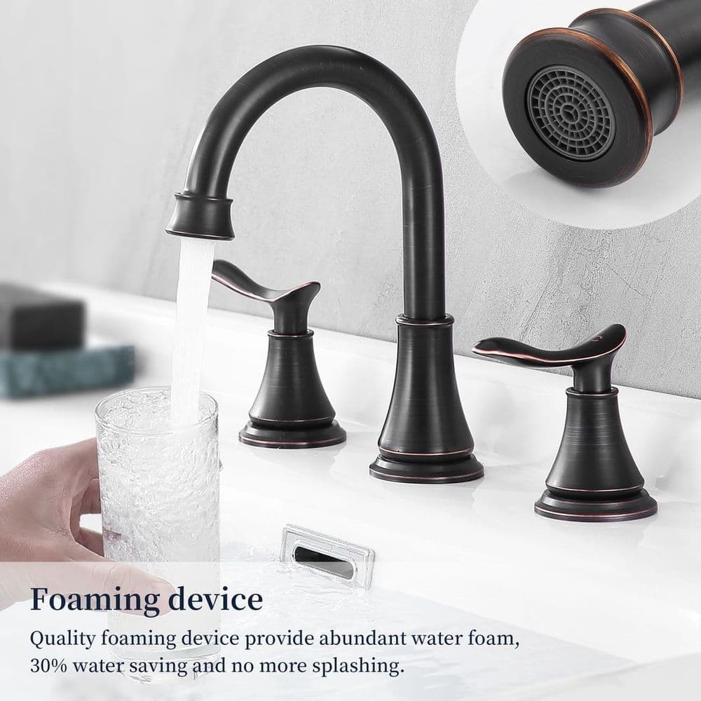 image-2-Handle 8 inch Widespread Bathroom Sink Faucet Oil Rubbed Bronze Lavatory Faucet 3 Hole 360° Swivel Spout Vanity Sink Basin Faucets with Pop Up Drain Assembly and cUPC Water Supply Hoses