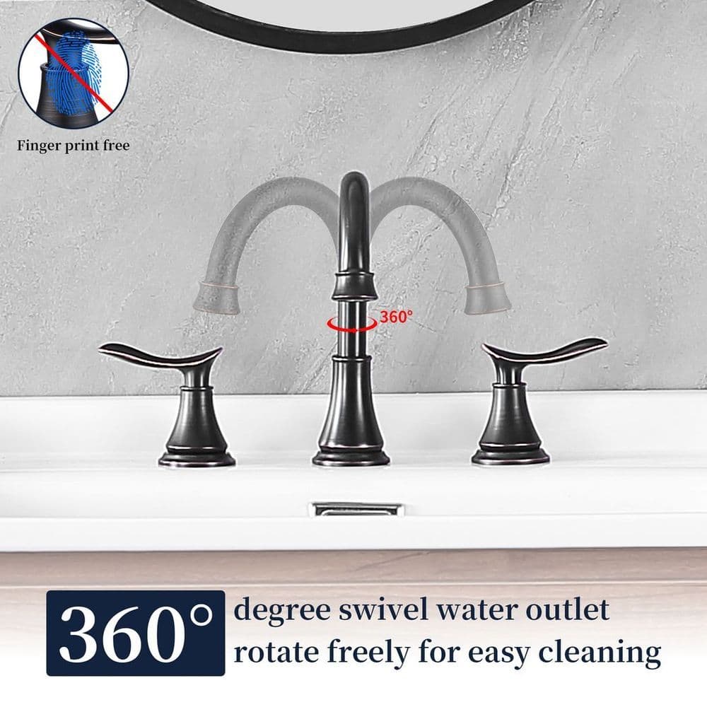 image-2-Handle 8 inch Widespread Bathroom Sink Faucet Oil Rubbed Bronze Lavatory Faucet 3 Hole 360° Swivel Spout Vanity Sink Basin Faucets with Pop Up Drain Assembly and cUPC Water Supply Hoses