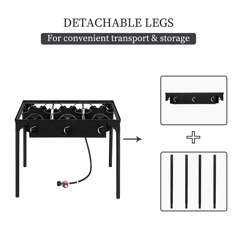 image-Outdoor Camp Stove High Pressure Propane Gas Cooker Portable Cast Iron Patio Cooking Burner (Three Burner 225000-BTU)