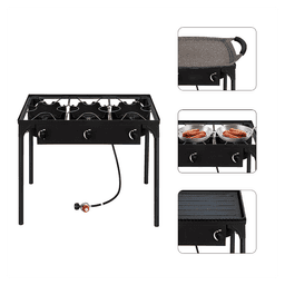 image-Outdoor Camp Stove High Pressure Propane Gas Cooker Portable Cast Iron Patio Cooking Burner (Three Burner 225000-BTU)