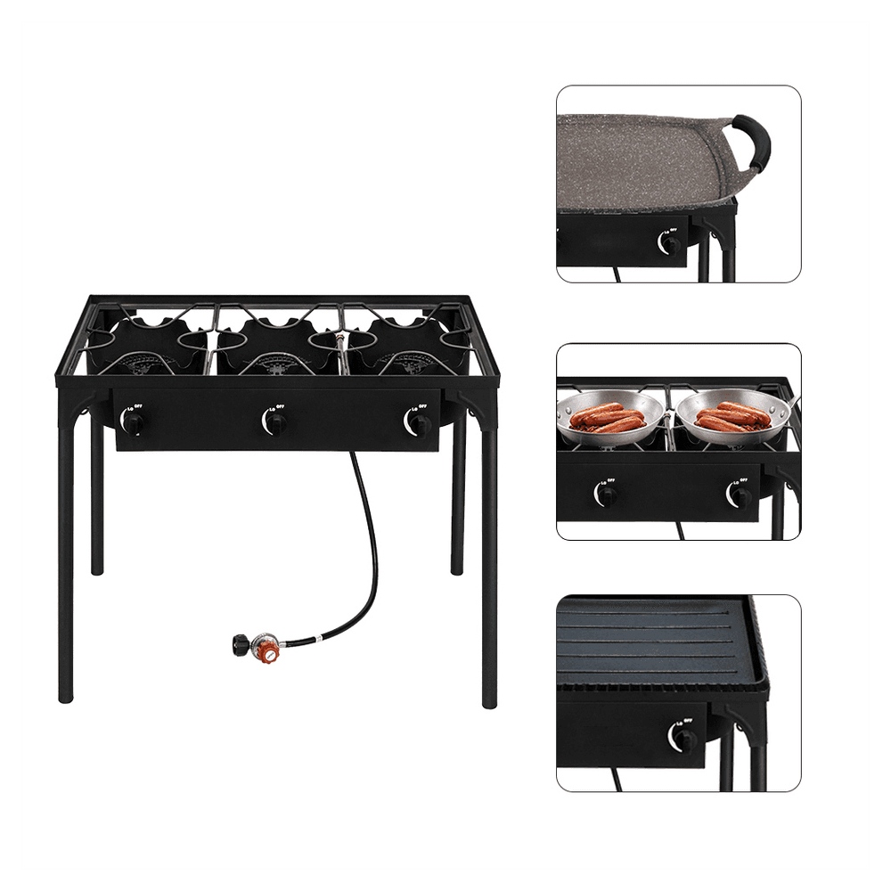 image-Outdoor Camp Stove High Pressure Propane Gas Cooker Portable Cast Iron Patio Cooking Burner (Three Burner 225000-BTU)