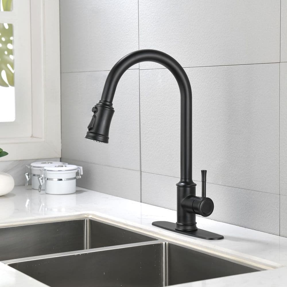 image-Single Handle High Arc Pull Out Kitchen Faucet,Single Level Stainless Steel Kitchen Sink Faucets with Pull Down Sprayer