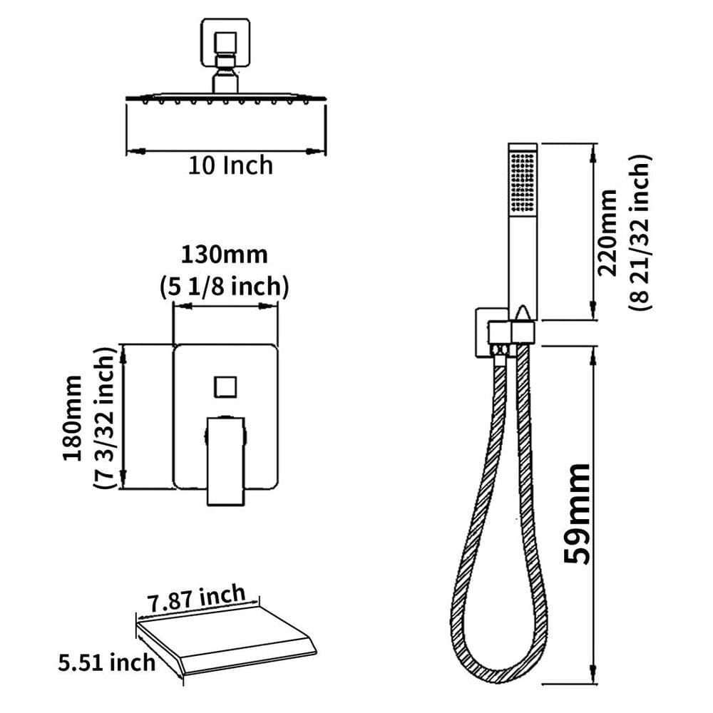 image-Rain Mixer Shower Faucet Set with Waterfall Tub Spout 10 inch Square Rainfall Shower Head with Handheld Spray Matte Black Wall Mounted Pressure Balance Rough-in Valve and Trim Included