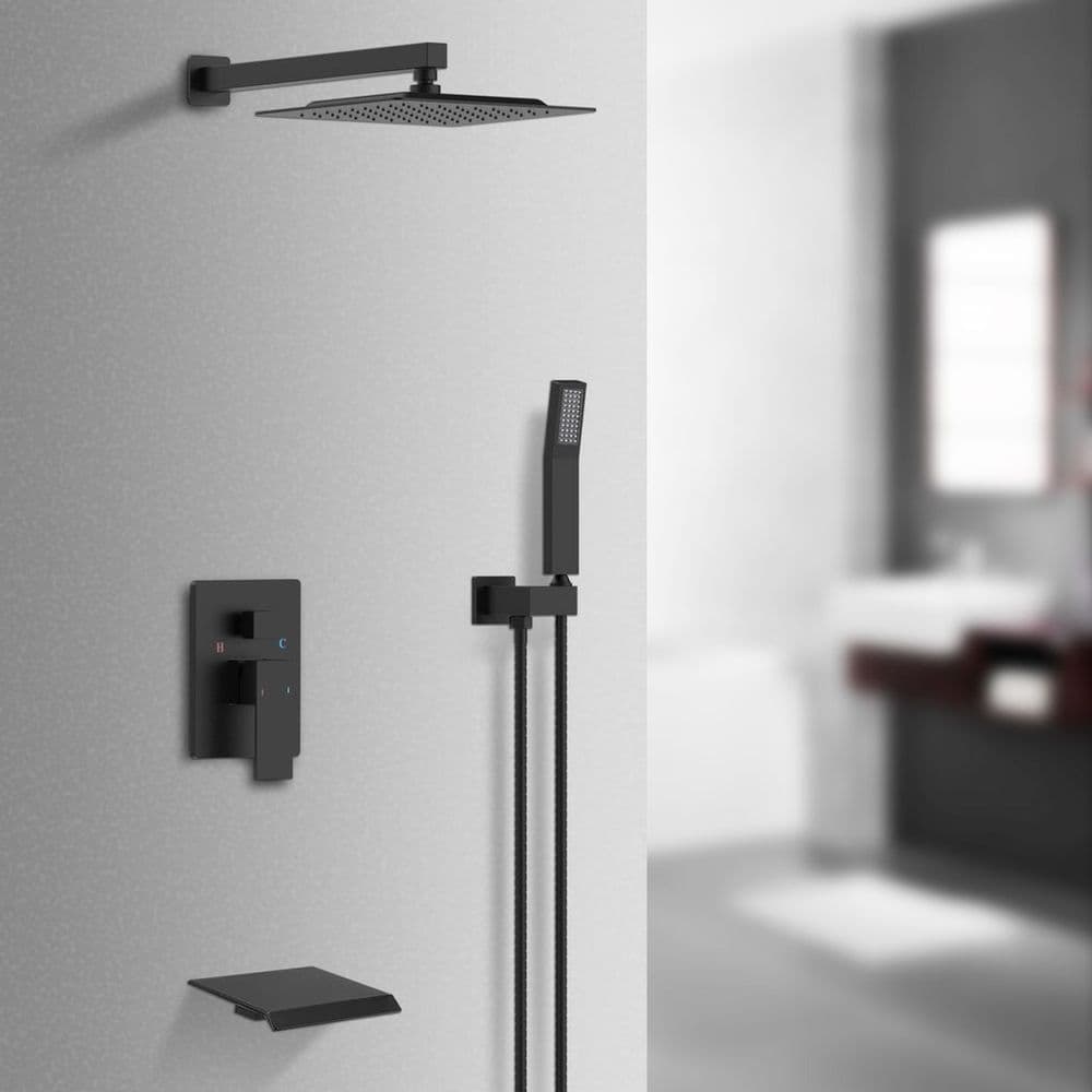 image-Rain Mixer Shower Faucet Set with Waterfall Tub Spout 10 inch Square Rainfall Shower Head with Handheld Spray Matte Black Wall Mounted Pressure Balance Rough-in Valve and Trim Included