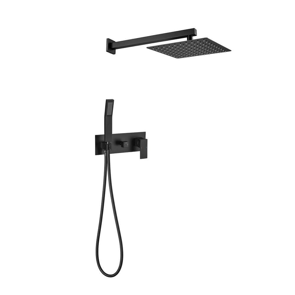 image-Brass Matte Black Shower Faucet Set Shower System 10 Inch Rainfall Shower Head with Handheld Sprayer Bathroom Luxury Rain Mixer Combo