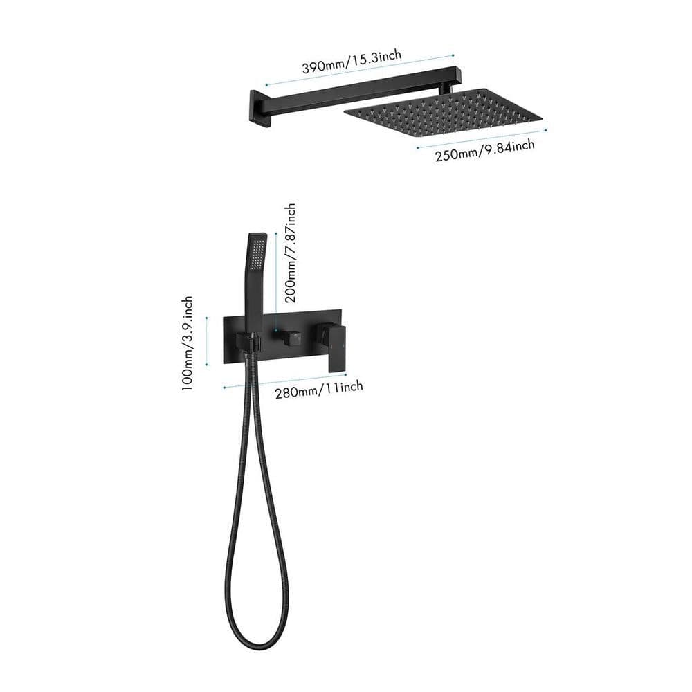 image-Brass Matte Black Shower Faucet Set Shower System 10 Inch Rainfall Shower Head with Handheld Sprayer Bathroom Luxury Rain Mixer Combo