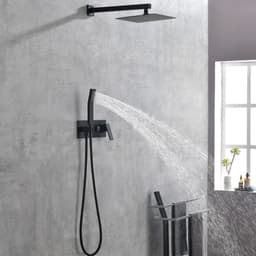 image-Brass Matte Black Shower Faucet Set Shower System 10 Inch Rainfall Shower Head with Handheld Sprayer Bathroom Luxury Rain Mixer Combo