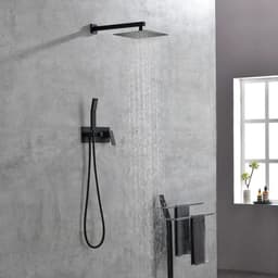 image-Brass Matte Black Shower Faucet Set Shower System 10 Inch Rainfall Shower Head with Handheld Sprayer Bathroom Luxury Rain Mixer Combo