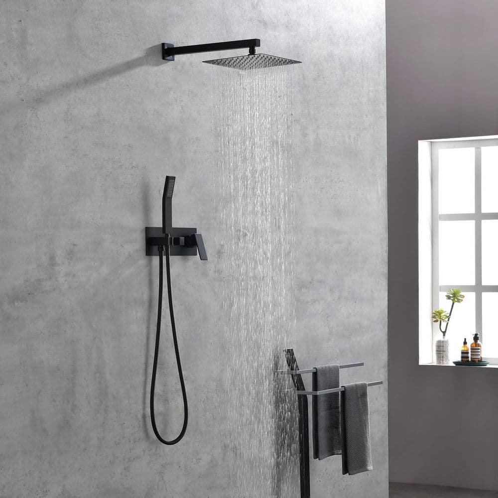 image-Brass Matte Black Shower Faucet Set Shower System 10 Inch Rainfall Shower Head with Handheld Sprayer Bathroom Luxury Rain Mixer Combo