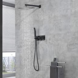 image-Brass Matte Black Shower Faucet Set Shower System 10 Inch Rainfall Shower Head with Handheld Sprayer Bathroom Luxury Rain Mixer Combo