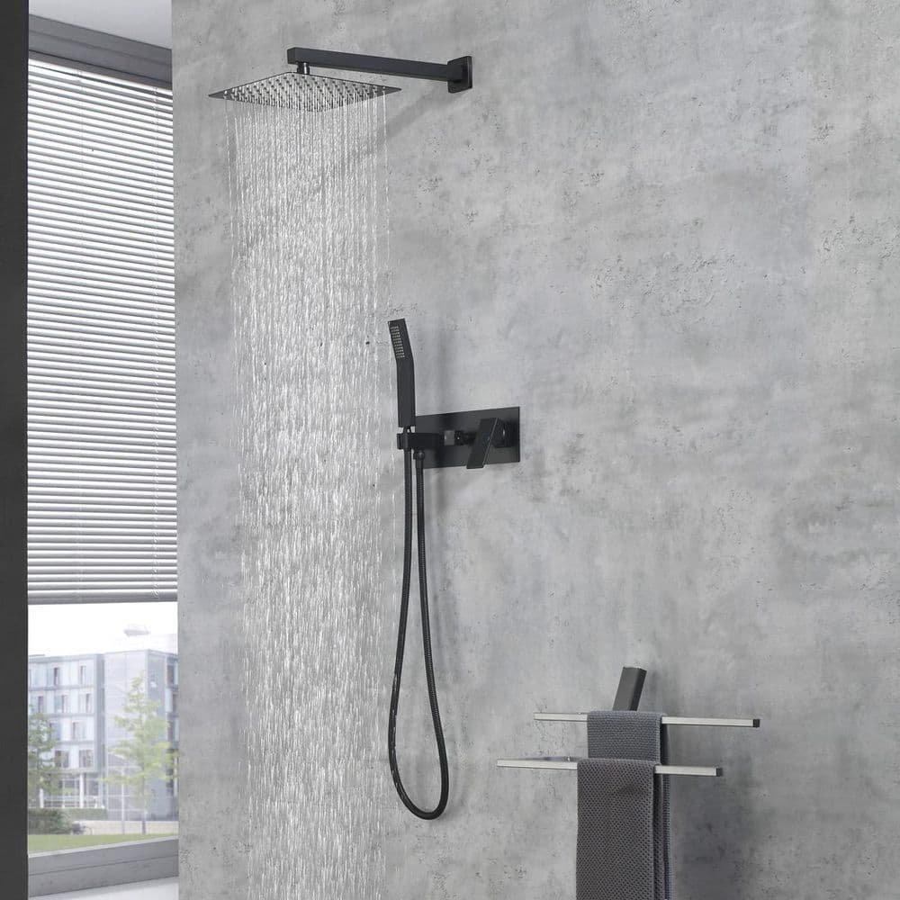 image-Brass Matte Black Shower Faucet Set Shower System 10 Inch Rainfall Shower Head with Handheld Sprayer Bathroom Luxury Rain Mixer Combo