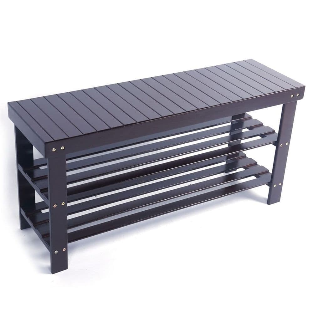 image-90cm Strip Pattern 3 Tiers Bamboo Stool Shoe Rack Coffee