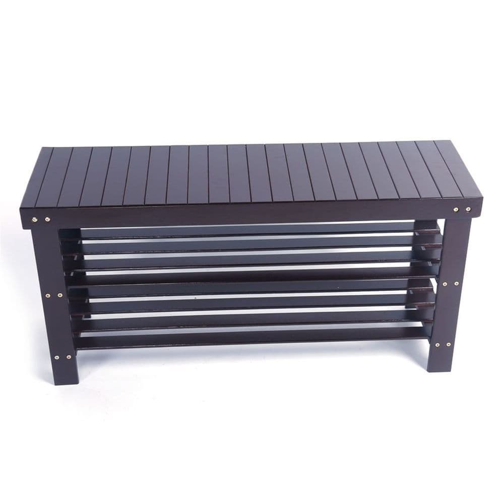 image-90cm Strip Pattern 3 Tiers Bamboo Stool Shoe Rack Coffee