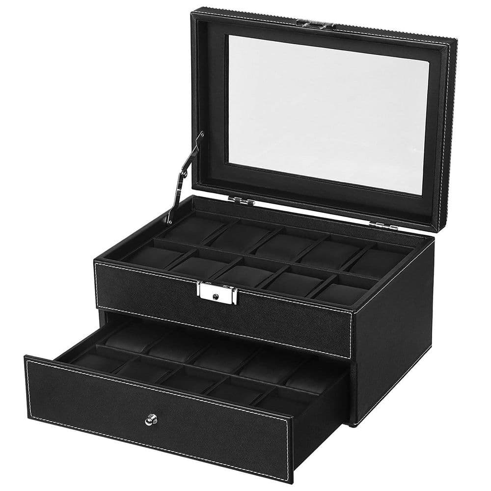 image-Watch Box 20 Mens Case Glass Top Display Organizer Lockable Black