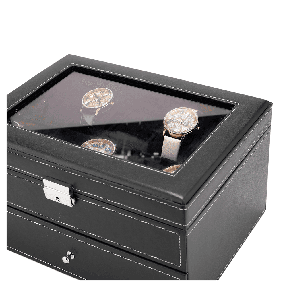 image-Watch Box 20 Mens Case Glass Top Display Organizer Lockable Black
