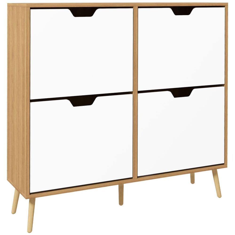 image-HOMCOM Shoe Storage Cabinet with 4 Flip Drawers for 16 Pairs of Shoes, Natural