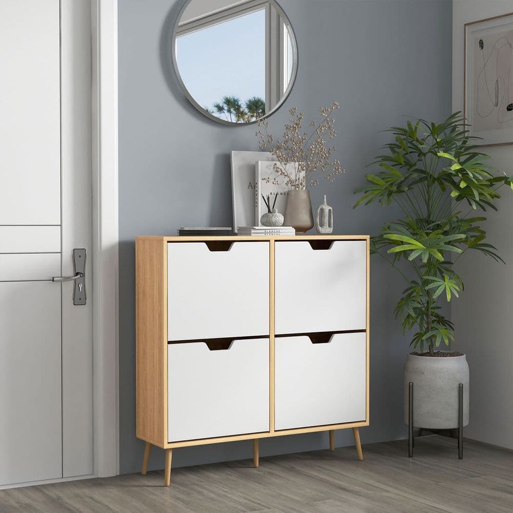 image-HOMCOM Shoe Storage Cabinet with 4 Flip Drawers for 16 Pairs of Shoes, Natural