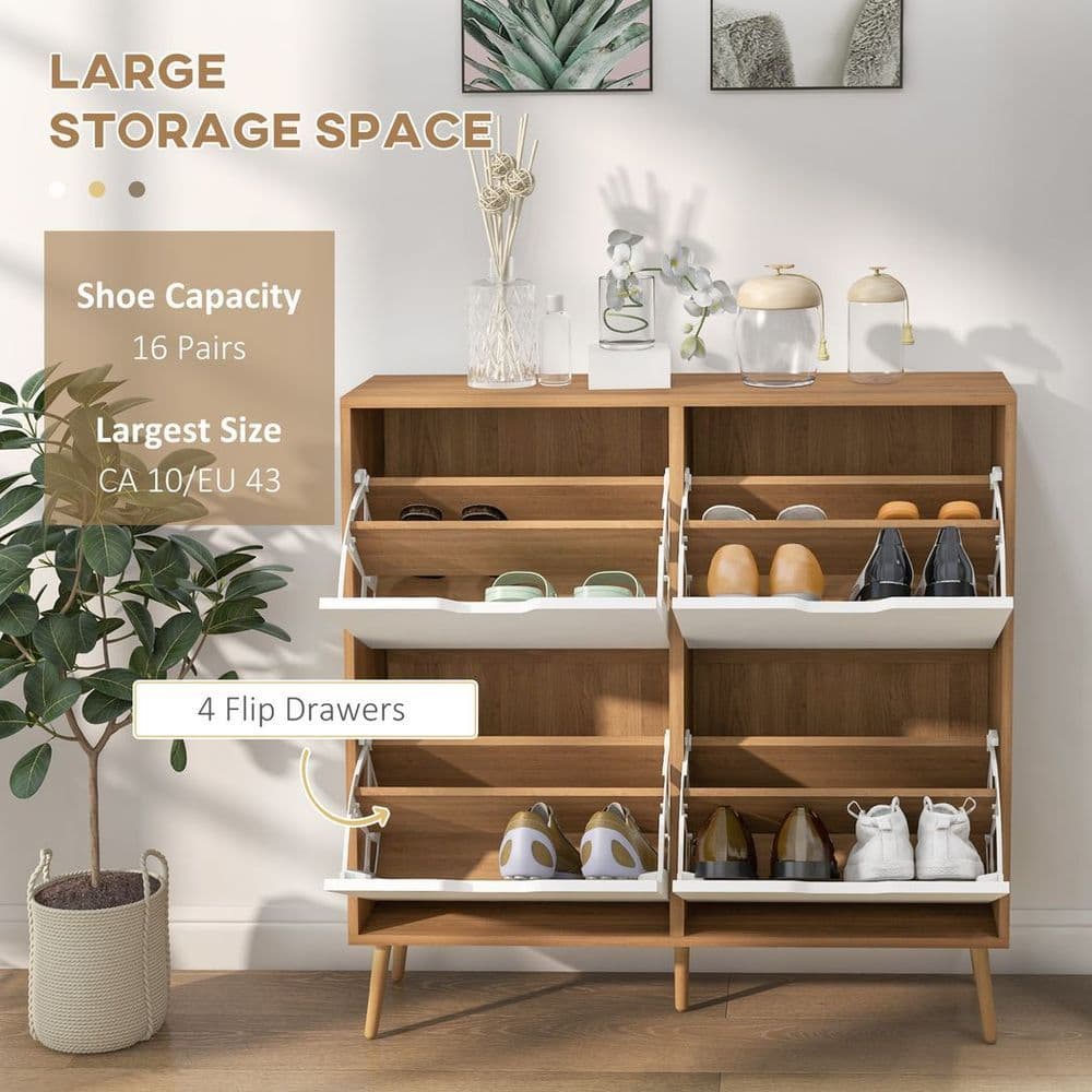 image-HOMCOM Shoe Storage Cabinet with 4 Flip Drawers for 16 Pairs of Shoes, Natural