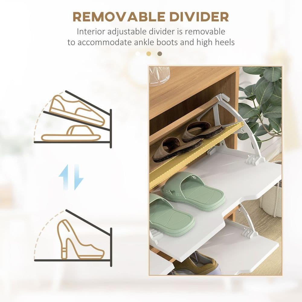 image-HOMCOM Shoe Storage Cabinet with 4 Flip Drawers for 16 Pairs of Shoes, Natural