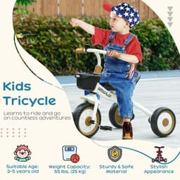 image-Kids Trike, Tricycle with Adjustable Seat, Basket, Bell for Ages 2-5 Years White