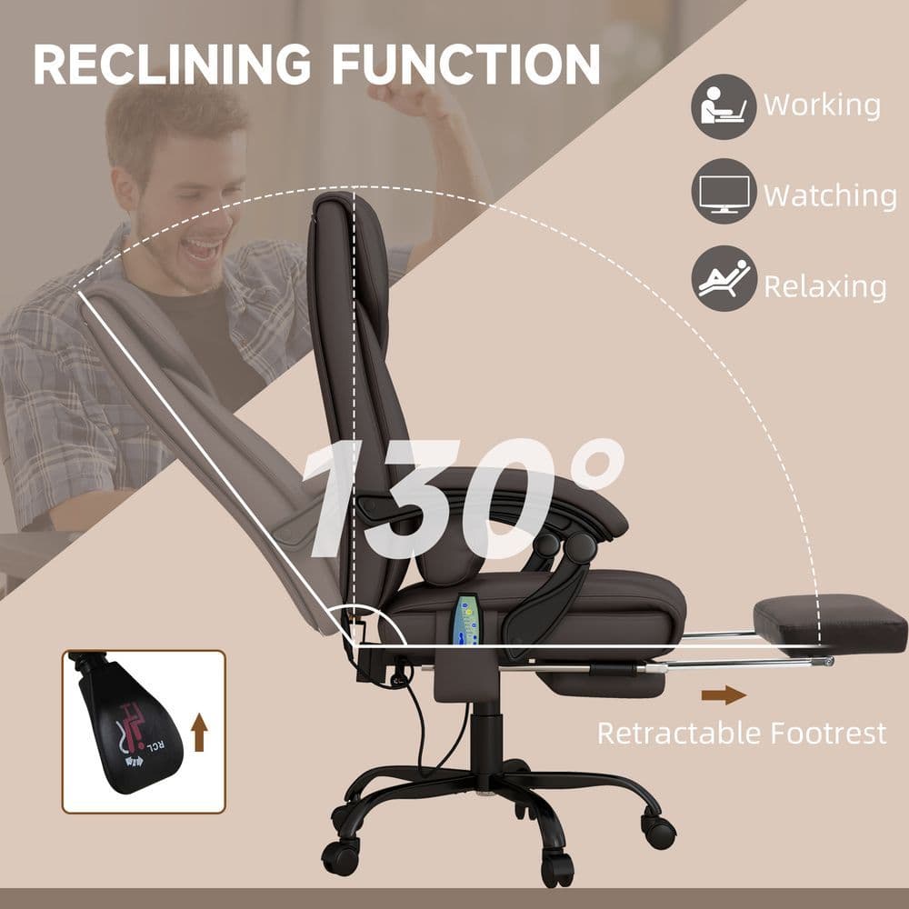 image-PU Leather Massage Office Chair with 6 Vibration Points Adjustable Height Brown