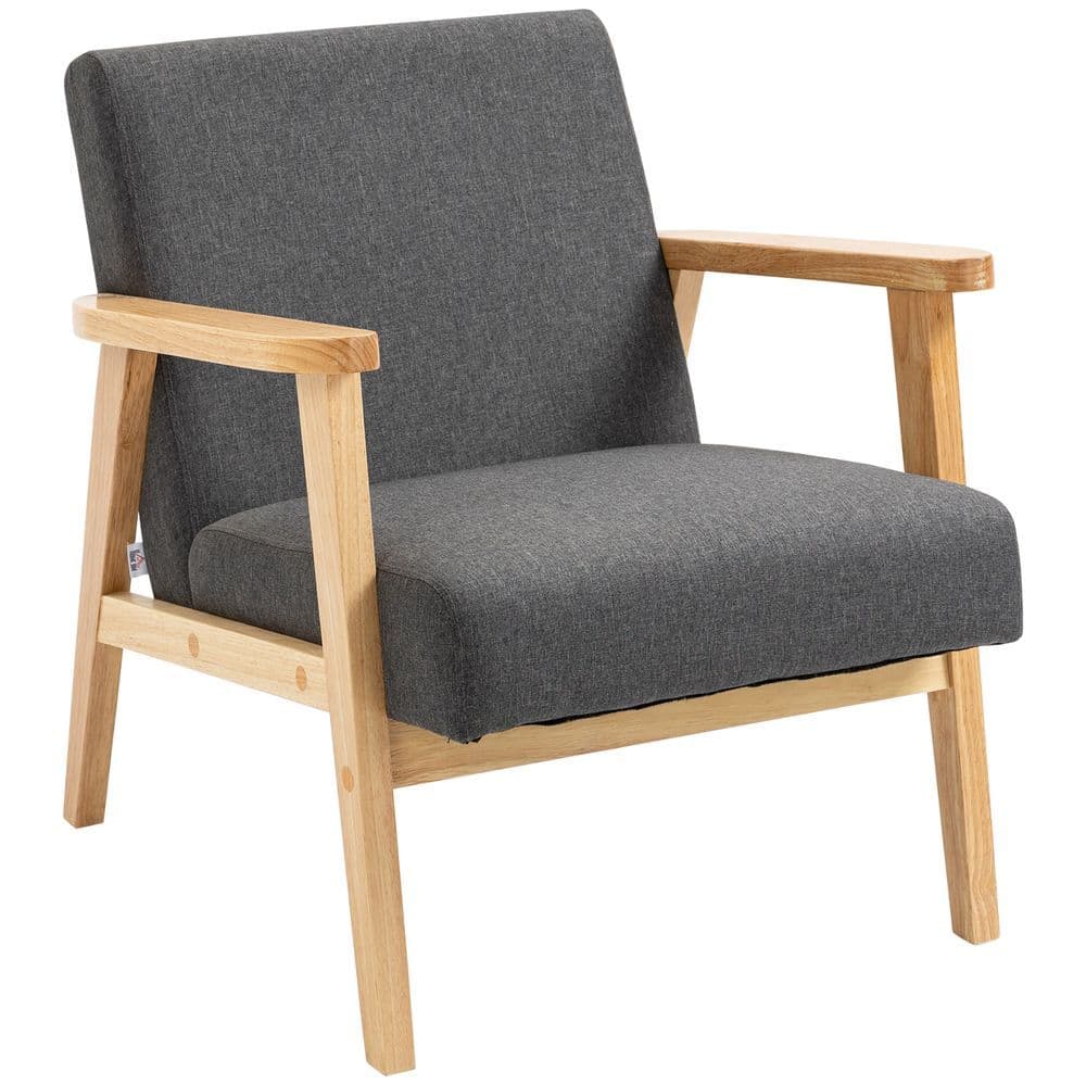 image-Upholstered Armchair Accent Chair w/ Rubber Wood Legs for Living Room Dark Grey