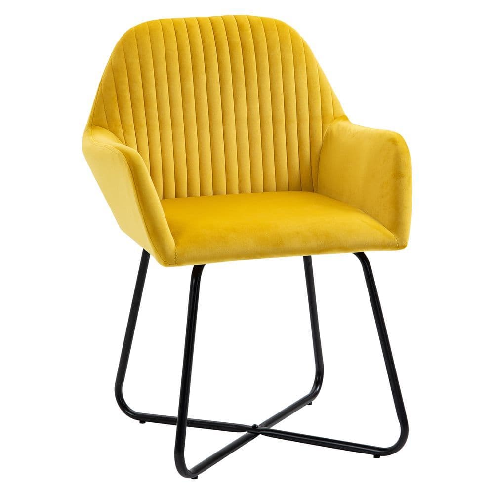 image-Modern Accent Chair Velvet-Feel Upholstered Lounge Armchair Metal Base Yellow