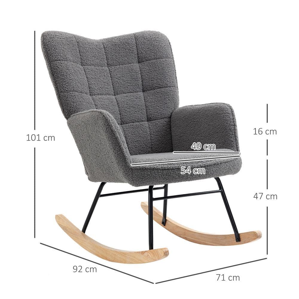 image-HOMCOM Wingback Rocking Chair for Nursing w/ Steel Frame and Wooden Base Grey