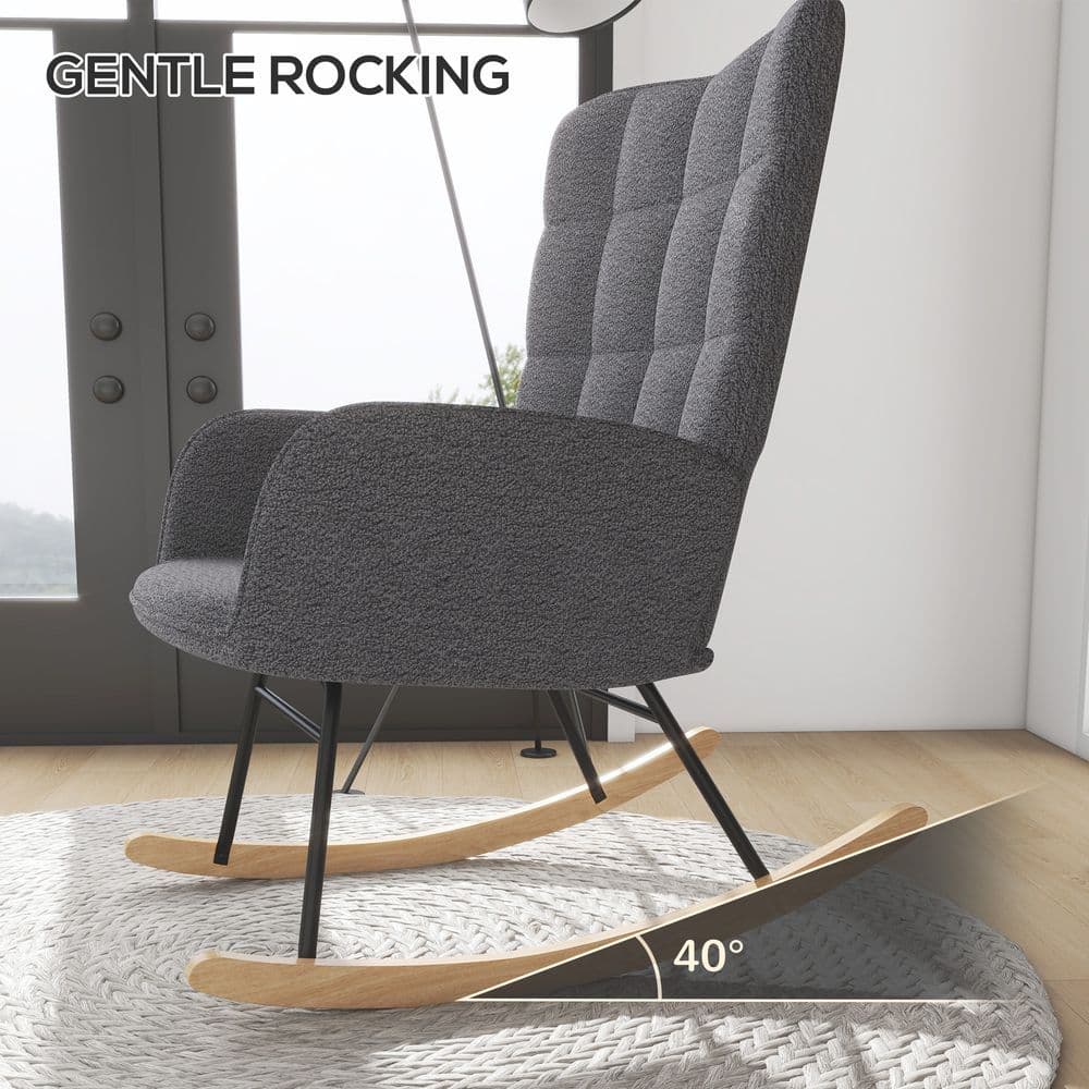 image-HOMCOM Wingback Rocking Chair for Nursing w/ Steel Frame and Wooden Base Grey