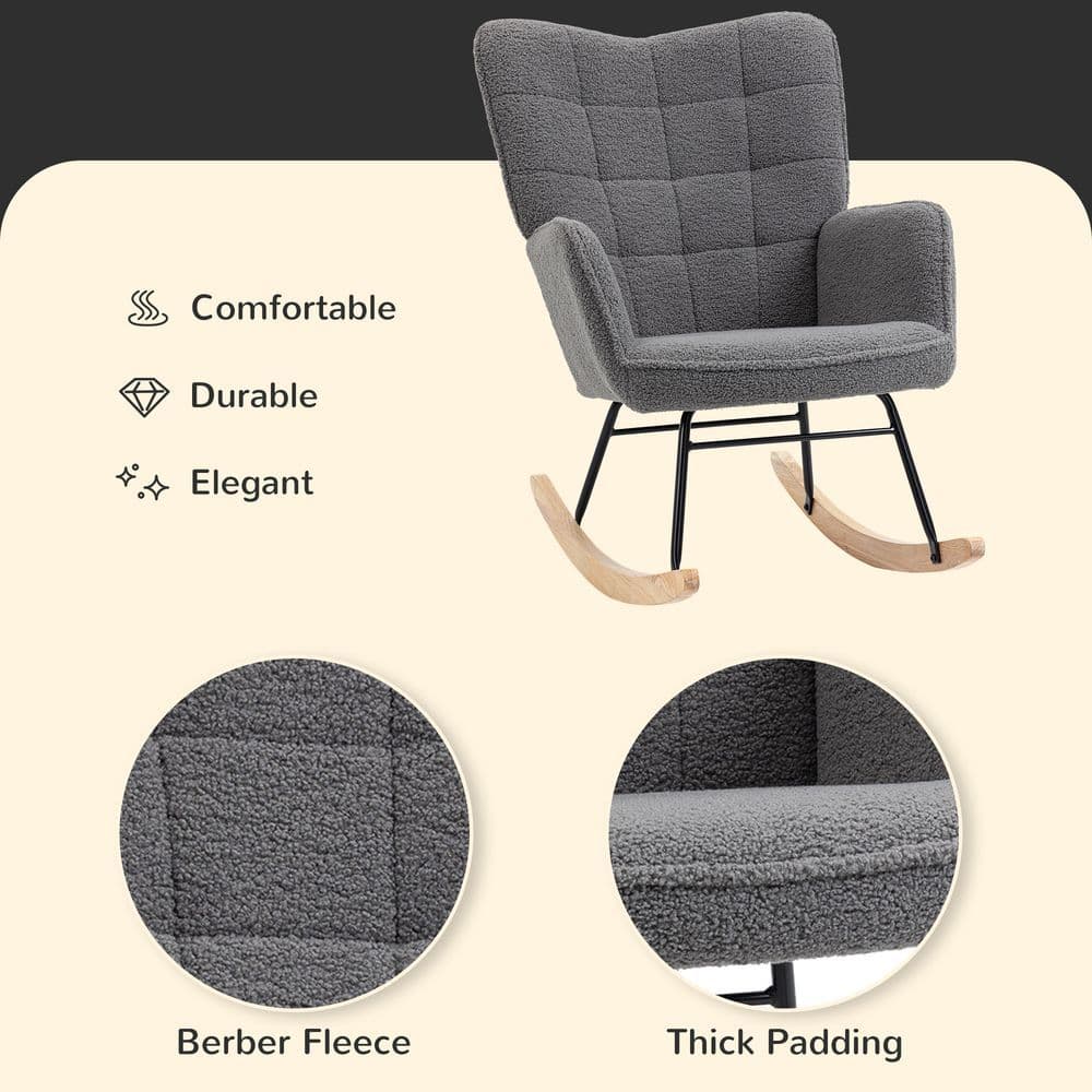 image-HOMCOM Wingback Rocking Chair for Nursing w/ Steel Frame and Wooden Base Grey