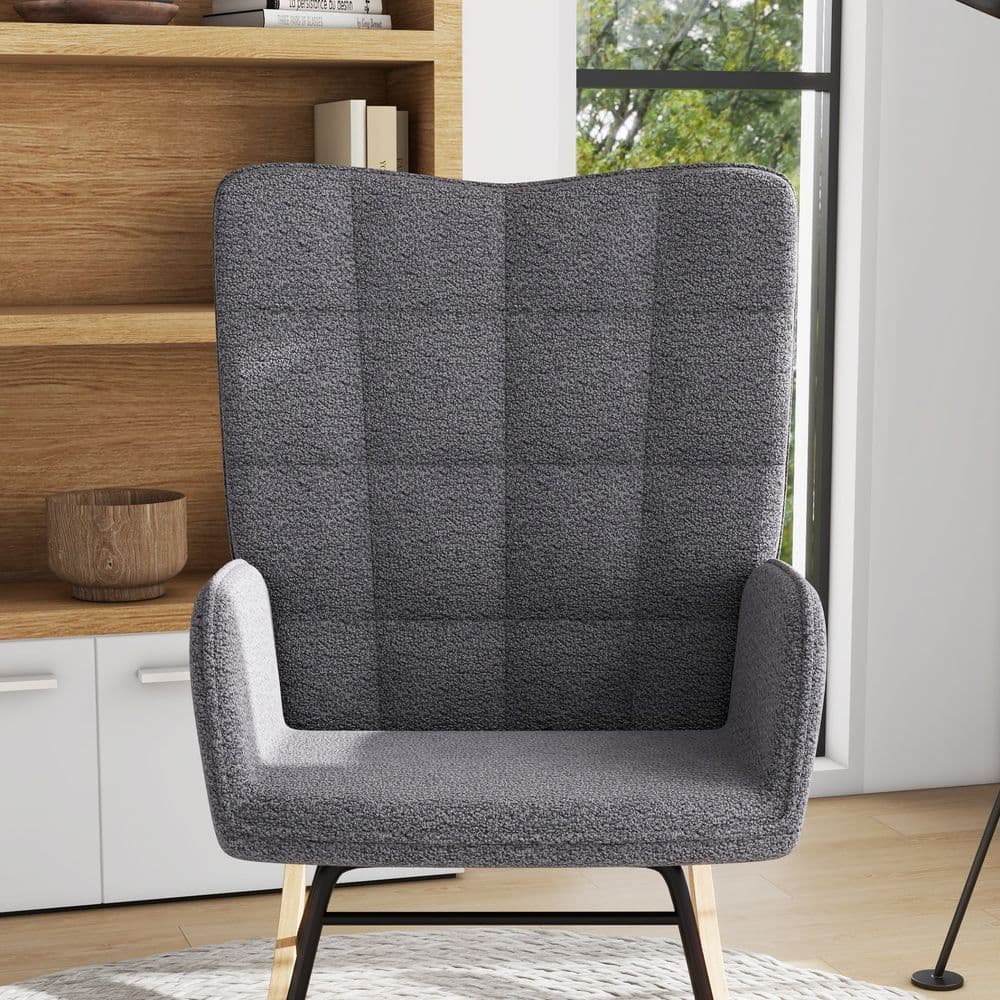 image-HOMCOM Wingback Rocking Chair for Nursing w/ Steel Frame and Wooden Base Grey