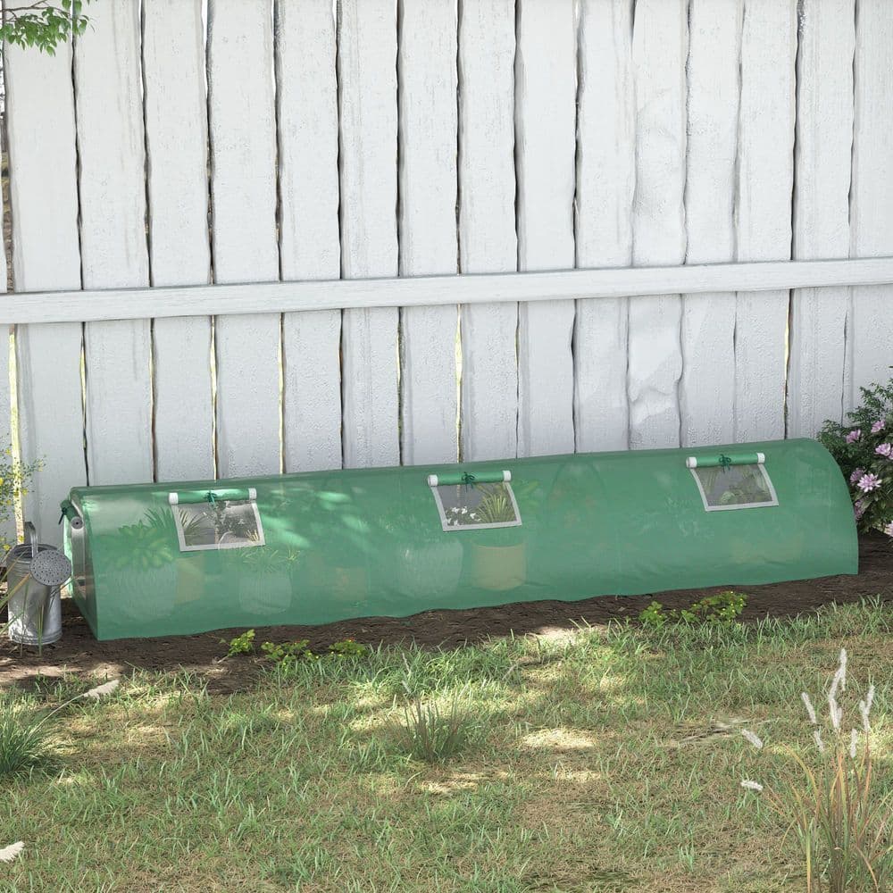 image-Outsunny PE Mini Greenhouse, 3m Portable Tunnel Green House with 5 Mesh Windows