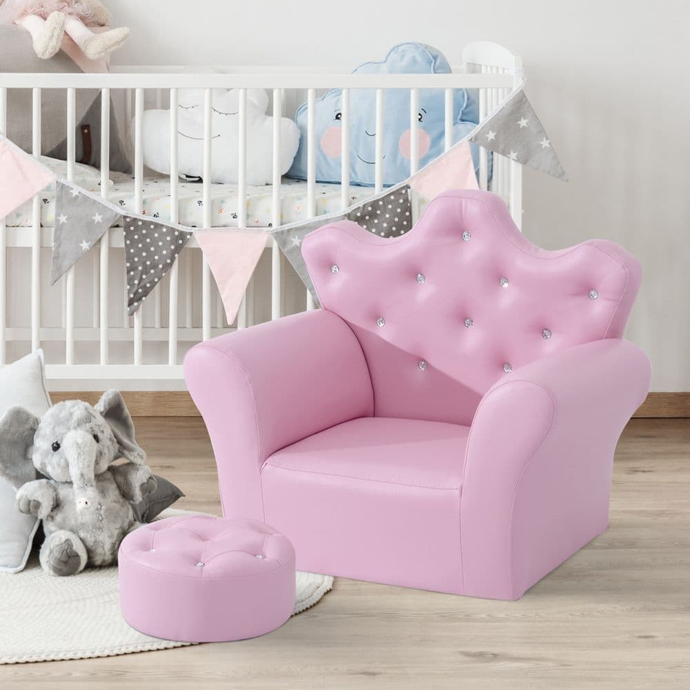 image-Children Kids Sofa Set Armchair Chair Seat With Free Footstool PU Leather Pink