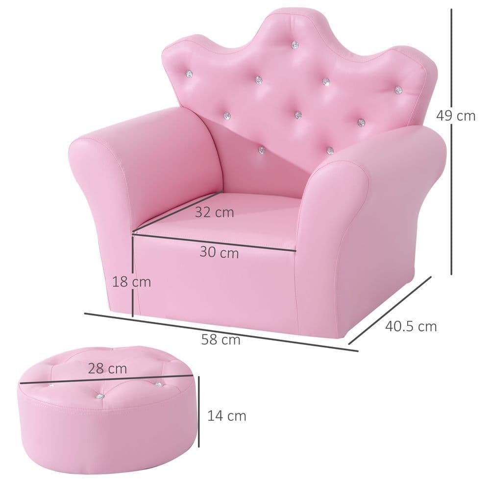 image-Children Kids Sofa Set Armchair Chair Seat With Free Footstool PU Leather Pink