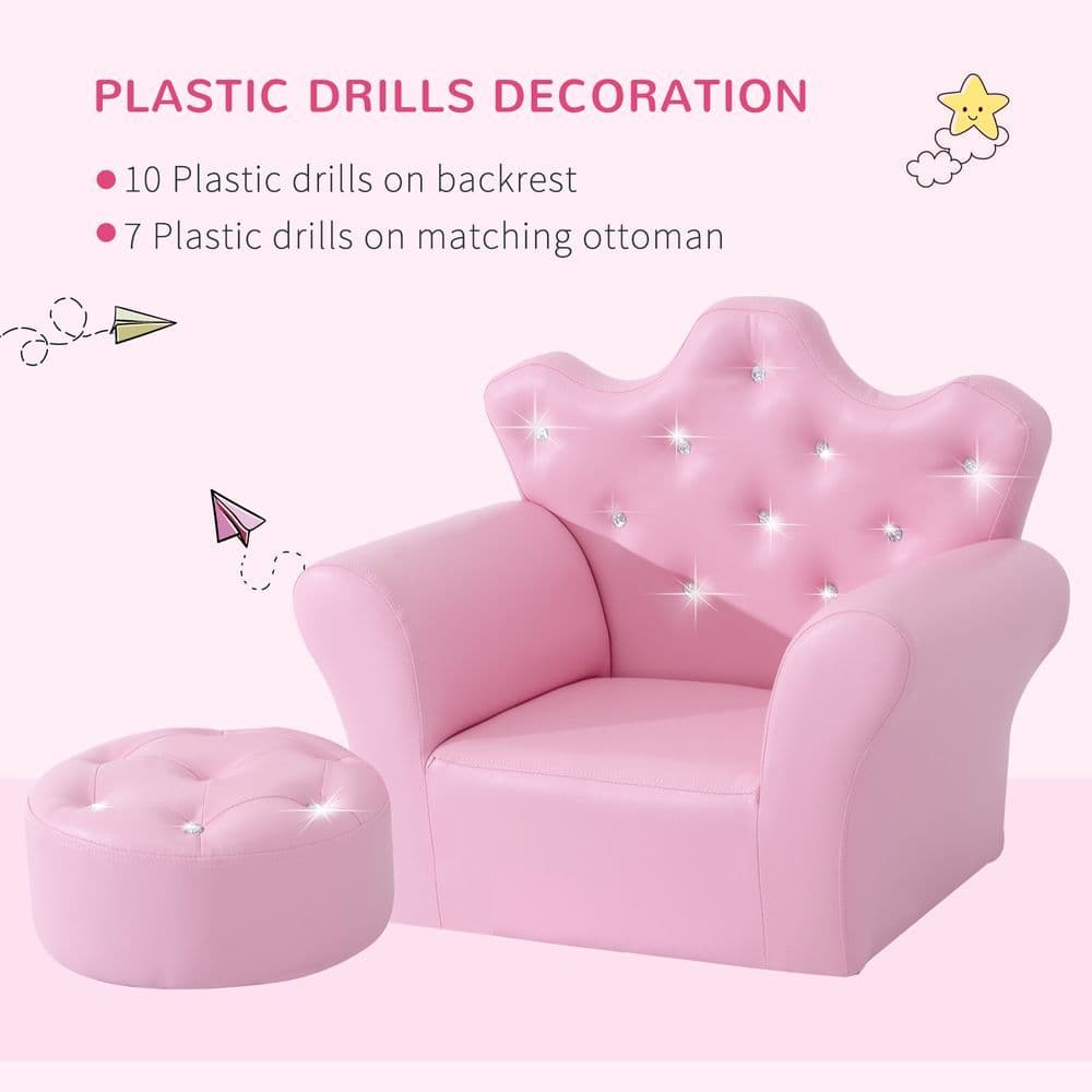 image-Children Kids Sofa Set Armchair Chair Seat With Free Footstool PU Leather Pink