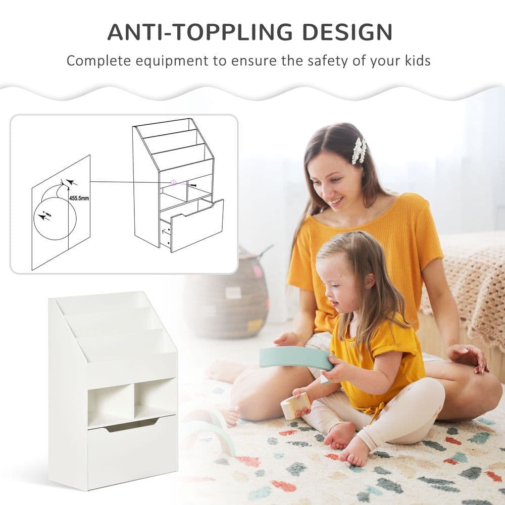 image-Children's Bookcase, Toy Organiser w/ Wheels, for Bedroom - White